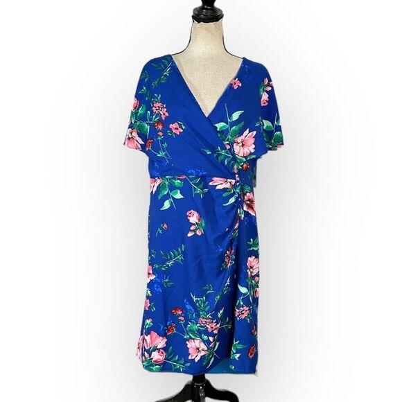 kensie Shift Dress Women's Plus 14 Blue Floral Short Sleeve Wrap Style NWT - Picture 3 of 11